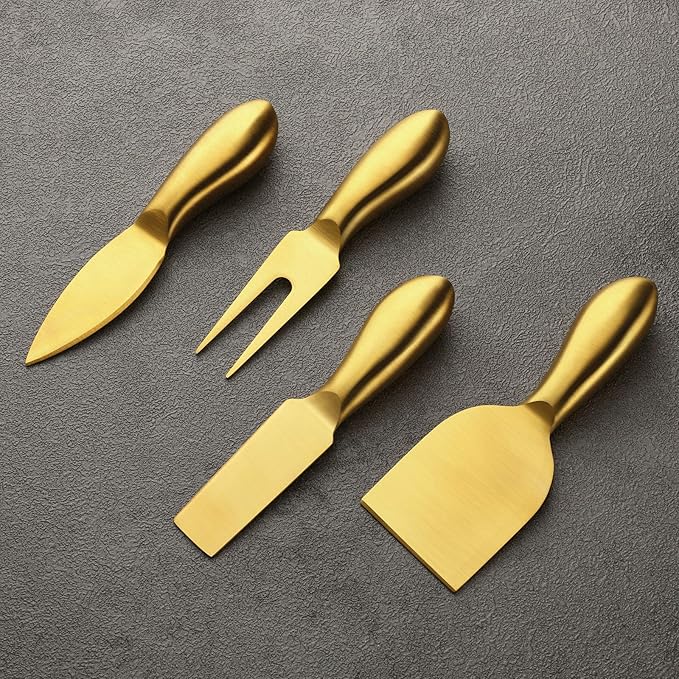 Patelai 4 Pieces Stainless Steel Cheese Knives Set, Knife Fork Slicer Butter Knife Set for Charcuterie and Cheese Spread Kitchen Cooking Christmas Gift for Women (Gold)