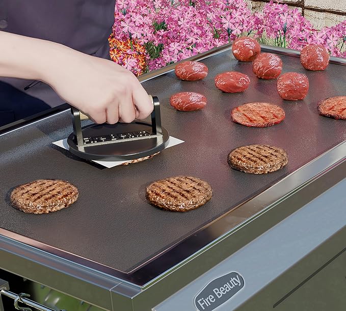 Fire Beauty Burger Press,Cast Iron 6.5" Enamel Surface Grill Press with Wood Handle,Food-Grade Smash Burger Press for Seared Bacon, Steak&Burger