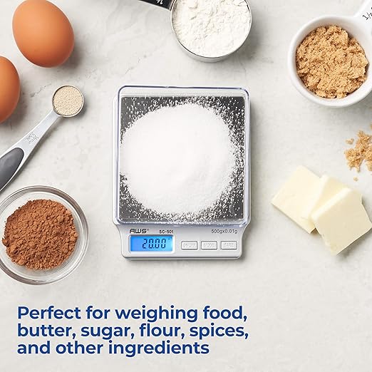 American Weigh Scales SC Series Precision Digital Kitchen Weight Scale, Food Measuring Scale, 2kg x 0.1g (Silver), AMW-SC-2KG (500g x 0.01g)