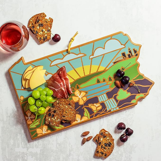 Totally Bamboo Pennsylvania State Shaped Cutting Board and Charcuterie Serving Platter with Artwork by Summer Stokes, Includes Hang Tie for Wall Display