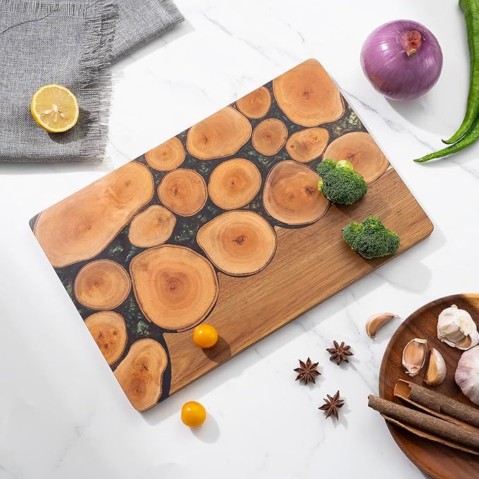 LILKUISYN Acacia Wood Cutting Board With Colorful Black Resin Galactic Cosmos & Wood Stumps Unquie Design for Kitchen Meal Prep Serving Tray Cheese & Charcuterie Board for Meat Vegetable Gift 15*10‘’