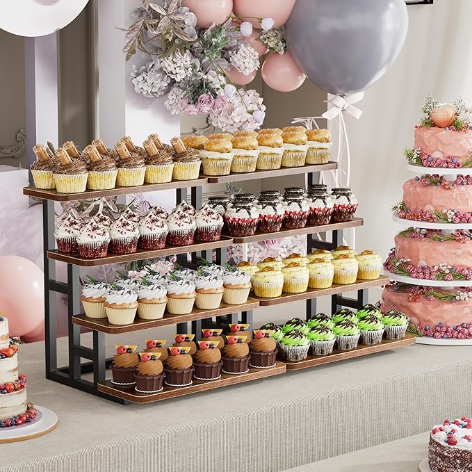 ZUJJAFY Cupcake Stand, Tiered Tray Stand for 50 Cupcakes, 4 Tier Dessert Stands with Metal Frame, Wooden Risers Display Stands for Vendor Events, Party