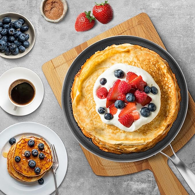 Innerwell Nonstick Crepe Pan 11inch Stainless Steel Crepe Pan Honeycomb Coating Flat Skillet Tawa Dosa Tortilla Pan,Omelet Pan with All Stove Tops Available, Induction Compatible