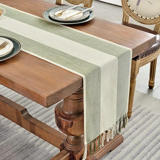 Wracra Linen Table Runner, Farmhouse Macrame Table Runners 36 Inches Long for Dining Table Decor, Wedding, Party and Dresser Decor (Sage Green,36")