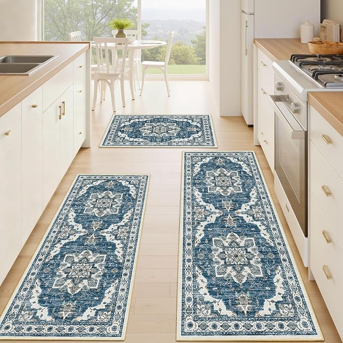 Tritard Non Slip Kitchen Rugs Sets of 3 Washable Kitchen Rug Boho Kitchen Mats for Floor Soft Kitchen Runner Rug Non Skid Kitchen Floor Carpet for Entryway Hallway Laundry Room, Blue