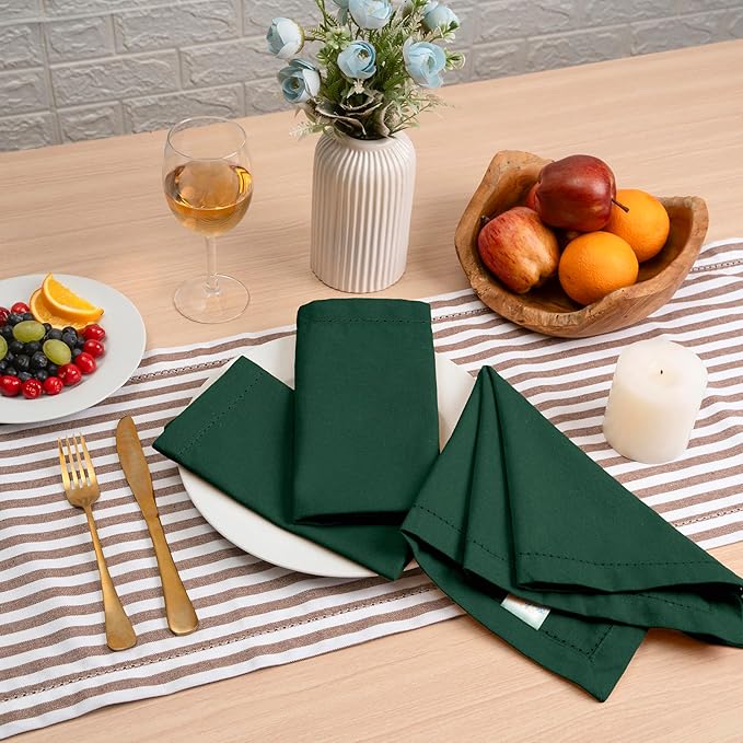 Blue Needles Set of 6 Hemstitch Linen Napkins 100% Cotton Forest Green Cloth Dinner Napkins 18x18 inches, Soft, Reusable, Absorbent, Washable, Ideal for Wedding Events, Parties & Everyday Use