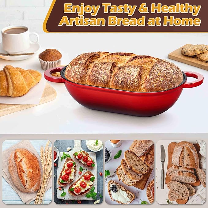 Homikit Enameled Cast Iron Dutch Oven for Bread Baking, 2.8 QT Oval Bread Oven Pot with Lid, Sourdough Loaf Iron Dutch Oven Pan for Roasting Cooking, Red & Heavy Duty