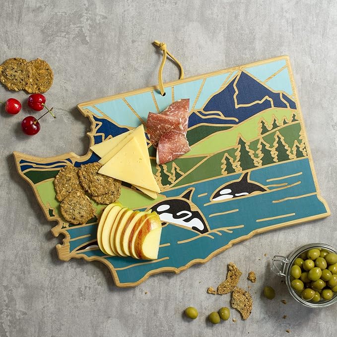 Totally Bamboo Washington State Shaped Cutting Board and Charcuterie Serving Platter with Artwork by Summer Stokes, Includes Hang Tie for Wall Display Varies