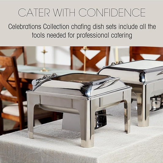 Denmark Tools for Cooks Celebrations Cookware Collection 5 Piece 6.3-Quart Heavy Gauge Stainless Steel Square Chafing Dish Set with Hydraulic Soft Close Glass Lid for Entertaining & Catering