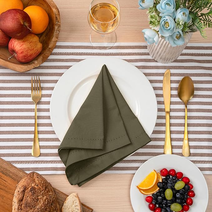 Blue Needles Set of 12 Hemstitch Linen Napkins 100% Cotton Olive Green Cloth Dinner Napkins 18x18 inches, Soft, Reusable, Absorbent, Washable Ideal for Wedding Events, Parties & Everyday Use