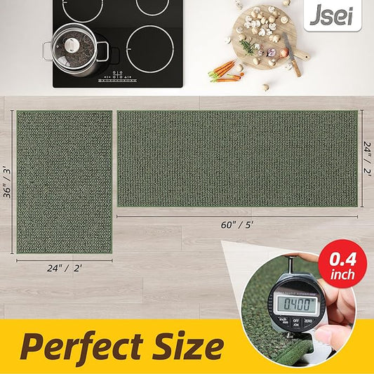 JSEI Kitchen Rugs and Mats, 2PCS Non-Slip Kitchen Mats for Floor, Machine Washable Absorbent and Stain Resistant Kitchen Runner, Carpet Mats with TPR Backing for, 24''x36''+24''x6'0', Green
