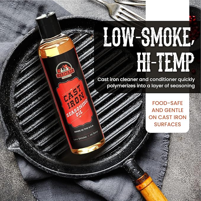 Heritage Products Cast Iron Seasoning Oil - Low-Smoke, Hi Temp All-Natural Skillet Conditioner for Dutch Oven, Griddle, Camp Grill – Cleans, Protects Cast Iron Cookware with Avocado Oil
