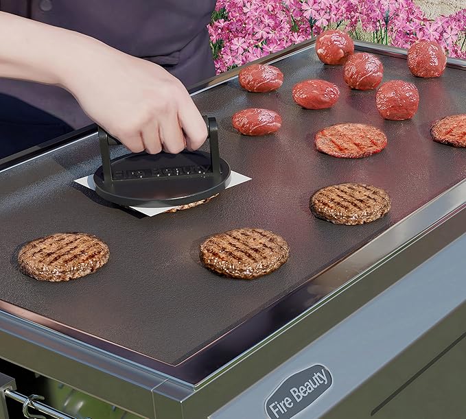 Fire Beauty Burger Press,Cast Iron 6.5" Enamel Surface Grill Press with Wood Handle,Food-Grade Smash Burger Press for Seared Bacon,Steak&Burger