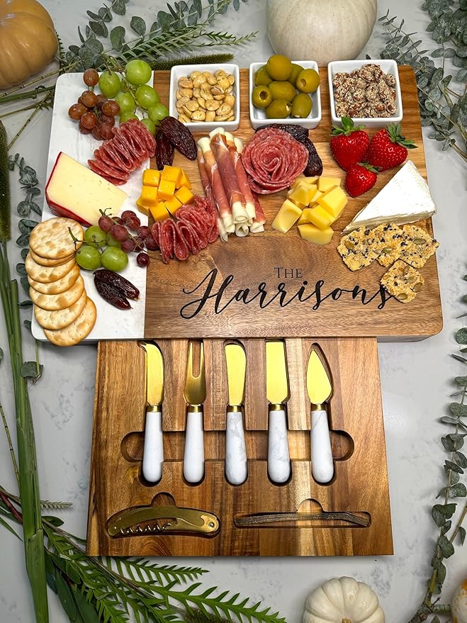 Quartz & Acacia Modern Charcuterie Board Set 16 pcs Laser Engraved Cheese Board And Knife Set Realtor Closing gift Custom Christmas Wedding
