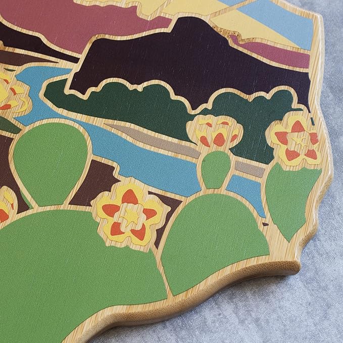 Totally Bamboo Texas State Shaped Cutting Board and Charcuterie Serving Platter with Artwork by Summer Stokes, Includes Hang Tie for Wall Display 14" x 13-3/8" x 5/8"