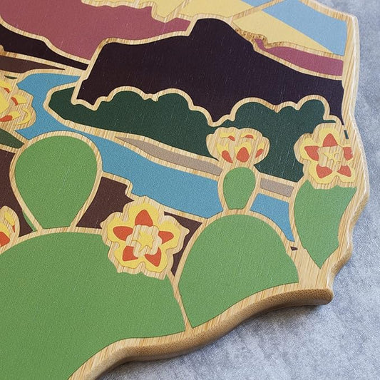 Totally Bamboo Texas State Shaped Cutting Board and Charcuterie Serving Platter with Artwork by Summer Stokes, Includes Hang Tie for Wall Display 14" x 13-3/8" x 5/8"