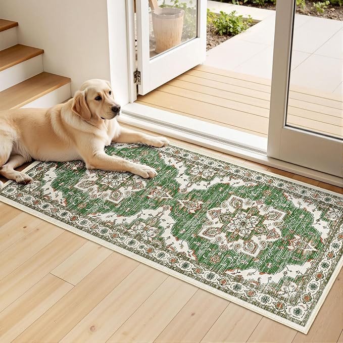 Tritard Non Slip Kitchen Rugs Sets of 3 Washable Kitchen Rug Boho Kitchen Mats for Floor Soft Kitchen Runner Rug Non Skid Kitchen Floor Carpet for Entryway Hallway Laundry Room, Green