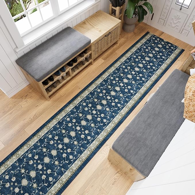 Ottomanson 3-Piece Kitchen Rug Set - Non Slip Runner & Washable Mat - 1'11" x 3' + 1'11" x 4' + 1'11"' x 5' - Durable, Stain Resistant for Entryway, Bedroom and Bathroom, Mahal Navy
