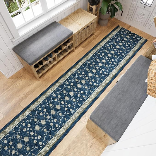 Ottomanson 3-Piece Kitchen Rug Set - Non Slip Runner & Washable Mat - 1'11" x 3' + 1'11" x 4' + 1'11"' x 5' - Durable, Stain Resistant for Entryway, Bedroom and Bathroom, Mahal Navy