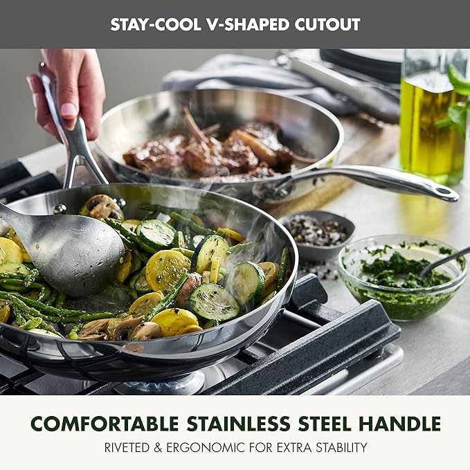 GreenPan Valencia Tri-Ply Stainless Steel 2 Piece Frying Pan Set (8" & 10" Skillets), Induction Ready, Mirror Finish, Dishwasher Safe & Oven/Broiler Safe to 600F, Compatible with All Cooktops, Silver