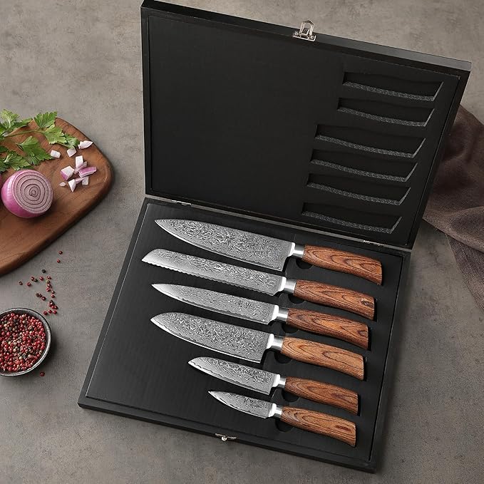 Wakoli EDIB Pro 6-Piece Damascus Knife Set – Professional Chef Knives Set with VG10 Core Blades, 67-Layer Damascus Steel and Ergonomic Pakkawood Handles – Premium Kitchen Knives in Elegant Gift Box
