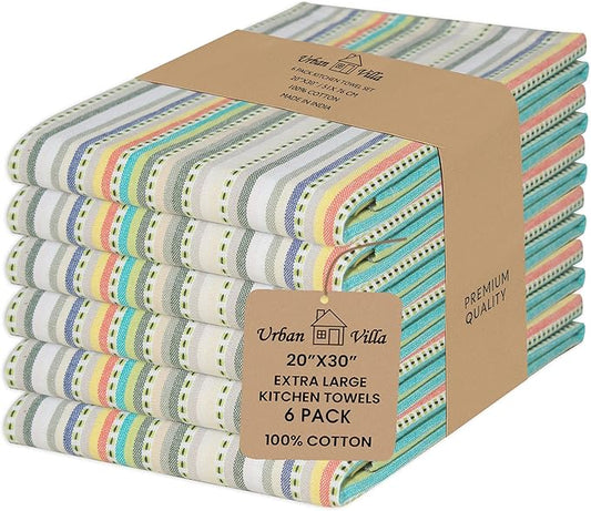Urban Villa Kitchen Towels Beige Stripes Dish Towels for Kitchen Set of 6 20x30 inches 100% Cotton Highly Absorbent Dish Cloths & Dish Towels with Hanging Loop Bar Hand Tea Towels