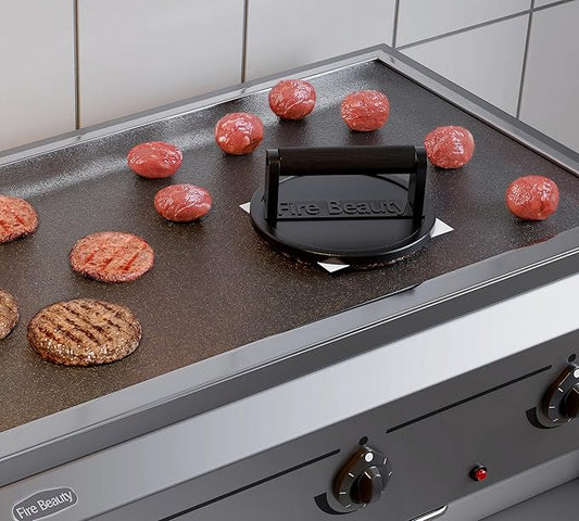 Fire Beauty Burger Press,Cast Iron 6.5" Enamel Surface Grill Press with Wood Handle,Food-Grade Smash Burger Press for Seared Bacon,Steak&Burger