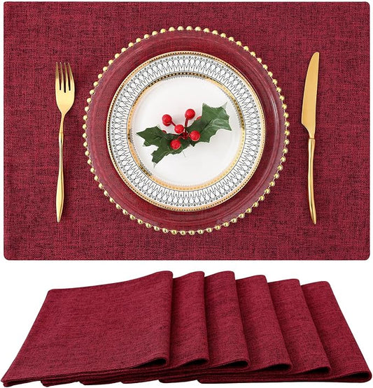 homing Cotton Linen Placemats Set of 6, Cloth Washable Farmhouse Dining Table Mats for Indoors & Outdoors, Easy to Clean, Red, 13 x 19 Inch