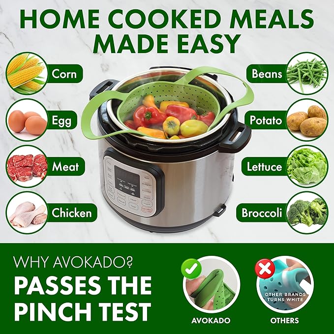 Avokado Silicone Steamer Basket for 3qt Instant Pot [6qt, 8qt avail], Ninja Foodi, Other Pressure Cookers - 100% Food Safe, BPA-Free, Dishwasher Safe Collapsible Vegetable Steamer Basket & Strainer