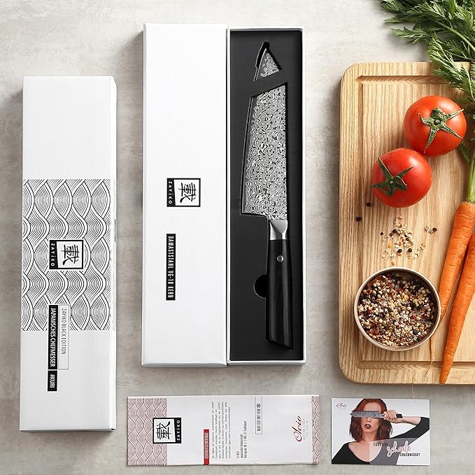 zayiko Black Edition Damascus Knife Kiritsuke I 20 cm blade made of 67 layers of VG10 Damascus steel I Ergonomic Pakkawood handle I Premium Japanese chef's knife for meat, fish & vegetables I Gift box