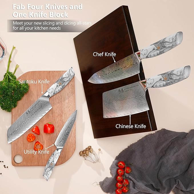 SHANGDAO Damascus Kitchen Knife Set with Magnetic Knife Block, 5 PCS Razor Sharp Kitchen Knives Made of Japanese Damascus Steelwith Block, Well-Balanced Damascus Chef Knife set