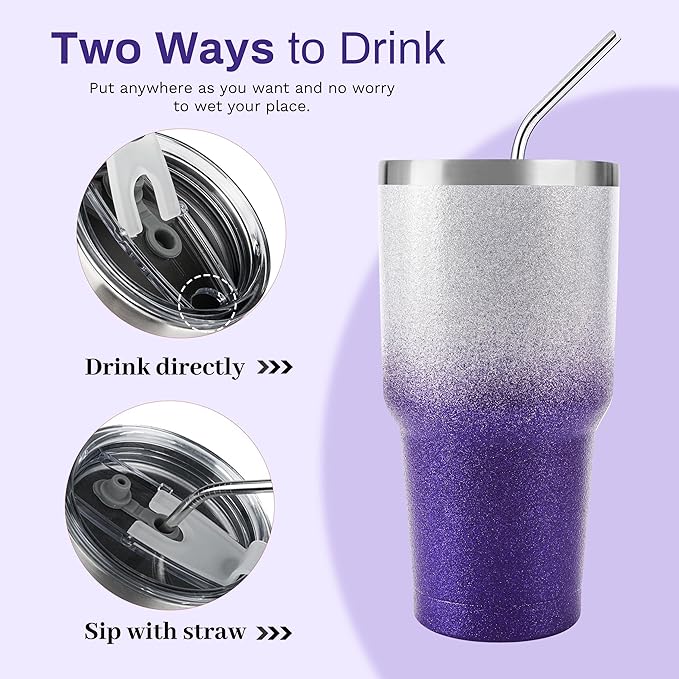 D·S 30 oz Tumbler Purple Glitter Gradient Cup Stainless Steel Double Wall Vacuum Insulated Mug with Straw and Lid, Cleaning Brush for Cold and Hot Beverages