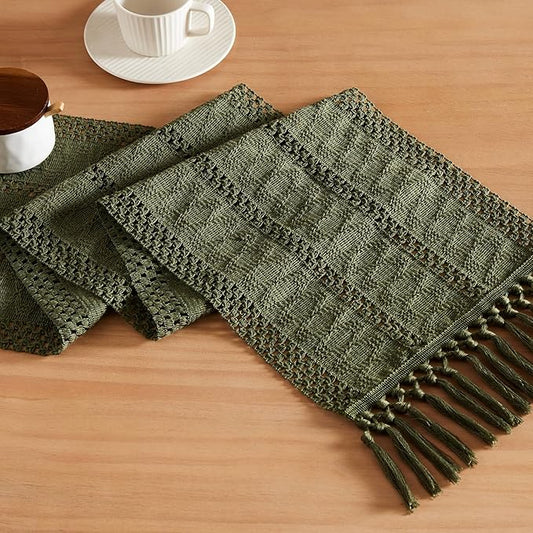ZeeMart Macrame Style Boho Table Runner, Olive Green Table Runners 60 Inches Long, Farmhouse Woven Home Decor, 12x60 Inch, Olive