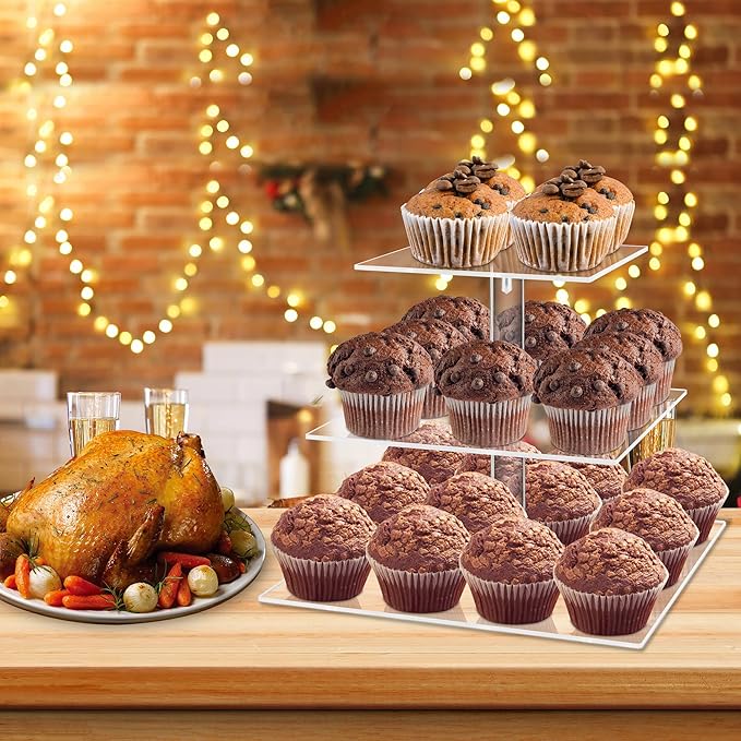 weddingwish 3 Tier Square Clear Acrylic Cupcake Stand, Clear Cupcake Display Stand Tower Tree, Tiered Cupcake Carrier Dessert Stands