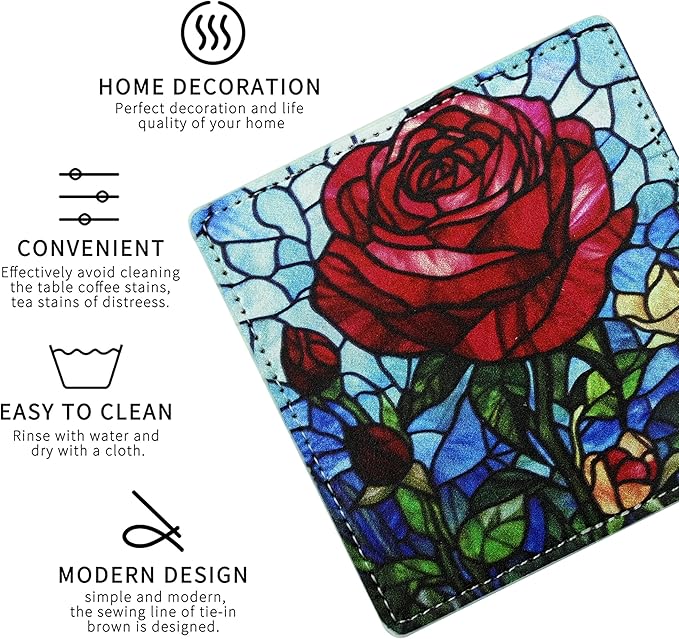 Marble Coasters Square Leather Drinks Coaster Set with Holder for Coffee Table Bar Home Decor 4 Inches Set of 6 (Rose, One Size)