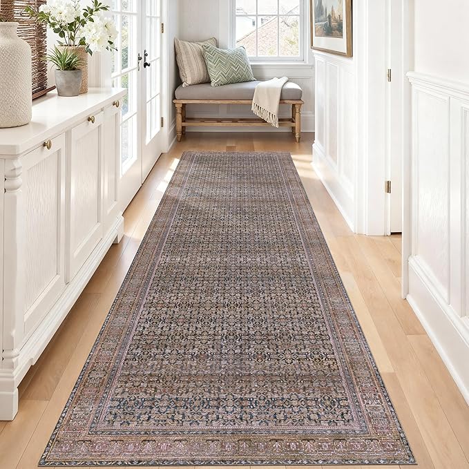 Kuden 2'6"x12 Runner Rug, Machine Washable Area Rug with Non-Slip Backing, Vintage Style, Soft, Easy Clean, Low Pile Rug for Hallway, Entryway, Kitchen, Bedroom