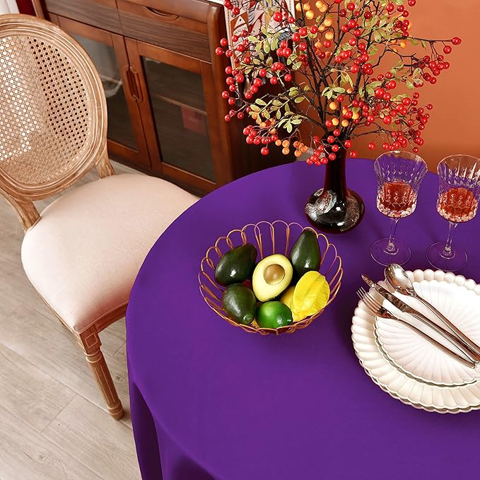MEANMOY 2 Pack Purple 210 GSM Water & Stain Resistant Round Tablecloth - Solid 60 Inch Circle Table Cloth Cover in Wrinkle Free Washable Wipe Clean Polyester for Wedding, Party, Banquet (2 Pcs)