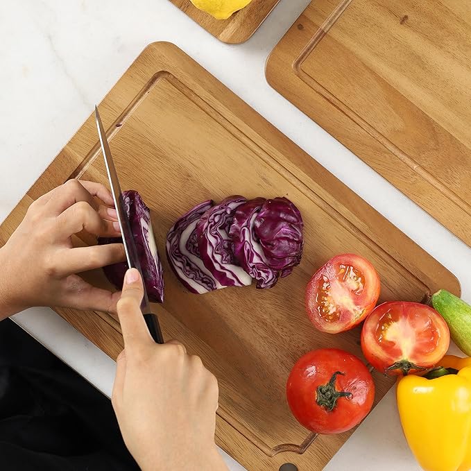 Sango Acacia Cutting Board Set with Juice Grooves and Hanging Holes, 3-Piece - Wood Chopping Boards, Stackable & Reversible for Kitchen, Non-Toxic, Perfect as Butcher Block Countertop, Atelier