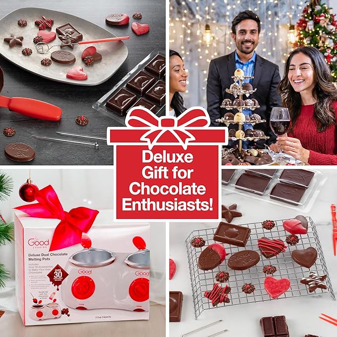 Dual Electric Chocolate Melting Pot Set - Valentines Day Candy Bar Making or Fondue Fountain Kit w/ 30 Bonus Accessories - Dip, Drizzle & Decorate Strawberries, Marshmallows- Party Appetizers Desserts