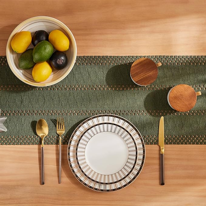 ZeeMart Macrame Style Boho Table Runner, Olive Green Table Runners 108 Inches Long, Farmhouse Woven Home Decor, 12x108 Inch, Olive