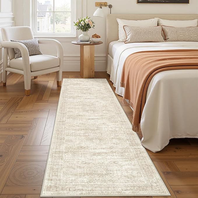 Rug Runners for Hallways Non Slip - 2x8 Runner Rug for Bedroom, Washable Runner with Rubber Backing, Soft Low-Pile Carpet for Kitchen, Laundry, Bathroom (2'x8', Beige/Ivory)