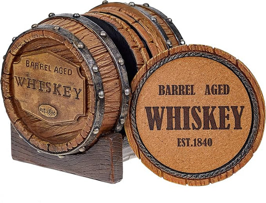 Pine Ridge 5pcs 1840 Aged Whiskey Barrel Drink Coaster Set with Holder - Rustic Bar Coasters for Whiskey Table & Bourbon Room - Unique Bar Accessories for Man Cave - Beer & Whiskey Glass Coaster