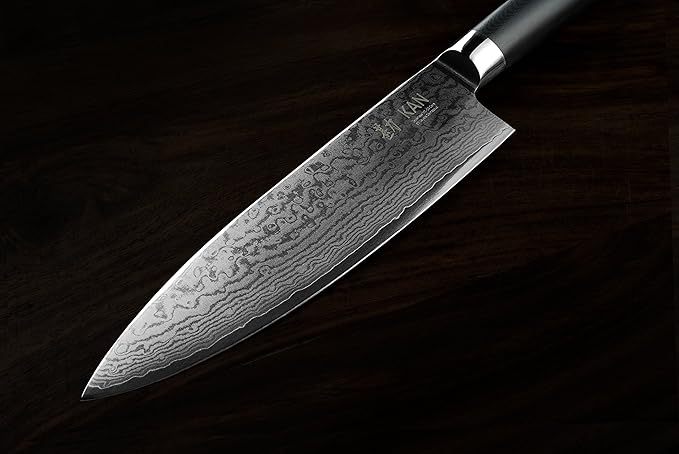 KAN Core Professional Chef Knife 8-inch VG-10 67 layers Damascus Ambidextrous (Non-Hammered Japanese VG-10 Blade, Ebony Handle)
