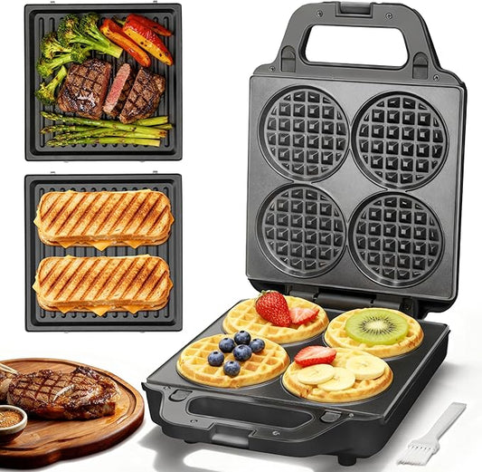 2 in 1 Mini Waffle Maker with Removable Plates, Panini Press Sandwich Maker, Sandwich Press, Waflera Electrica, Sandwichera Electrica, 4 X 4 Inch Classic Waffle Maker for Kids, Graphite