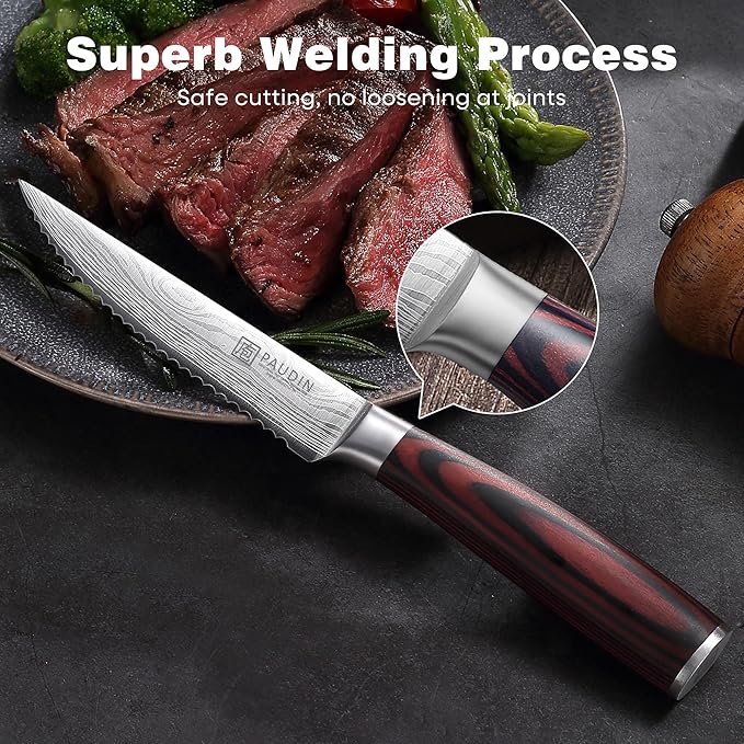 PAUDIN Steak Knives 4.5 Inch, Steak knives Set of 8, High Carbon Stainless Steel Steak Knife Set, Sharp Serrated Steak Knife with Pakkawood Handle, Kitchen Steak Knife Set with Gift Box