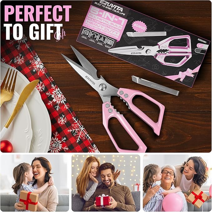 5-in-1 Multifunctional Heavy-Duty Kitchen Scissors with Tweezer, Pink All Purpose Kitchen Shears with Stainless Steel Blades, Dishwasher Safe Poultry Shears for Meat, Turkey, Vegetables