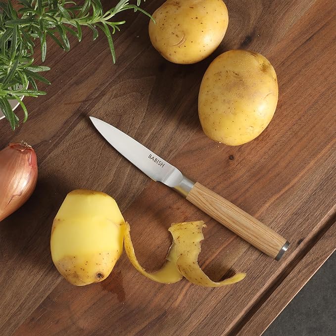Babish 1.4116 German Stainless Steel Paring Knife with Light Pakka Wood Handle – 3.5-Inch Precision Kitchen Knife for Peeling, Trimming & Prep Work, Full-Tang Blade