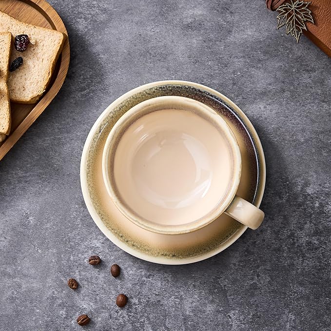 Vintage Design 12 oz Ceramic Latte Art Cappuccino Barista Cup with Saucer (Brown)
