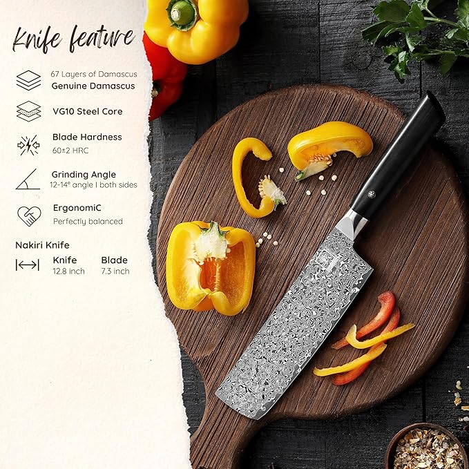 zayiko Black Edition Damascus Nakiri Knife | 18.5 cm Blade Made of 67 Layers of Fine Dark Damascus Steel | Ergonomic Pakkawood Handle | Professional Kitchen Chef's Knife Ideal for Vegetables