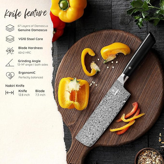 zayiko Black Edition Damascus Nakiri Knife | 18.5 cm Blade Made of 67 Layers of Fine Dark Damascus Steel | Ergonomic Pakkawood Handle | Professional Kitchen Chef's Knife Ideal for Vegetables